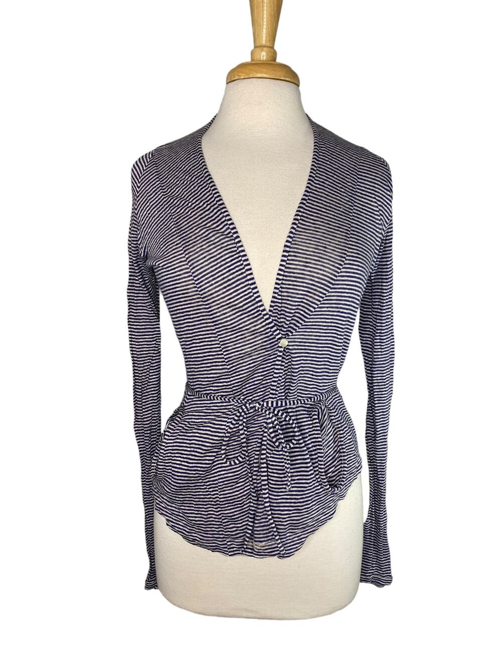 HUMANOID 100% Linen Blue White Stripe Linen Belted Top Size Small Long Sleeve